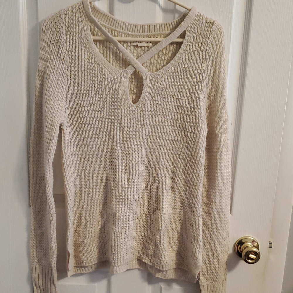 Aeropostale Cream V-Neck Sweater with Open Weave